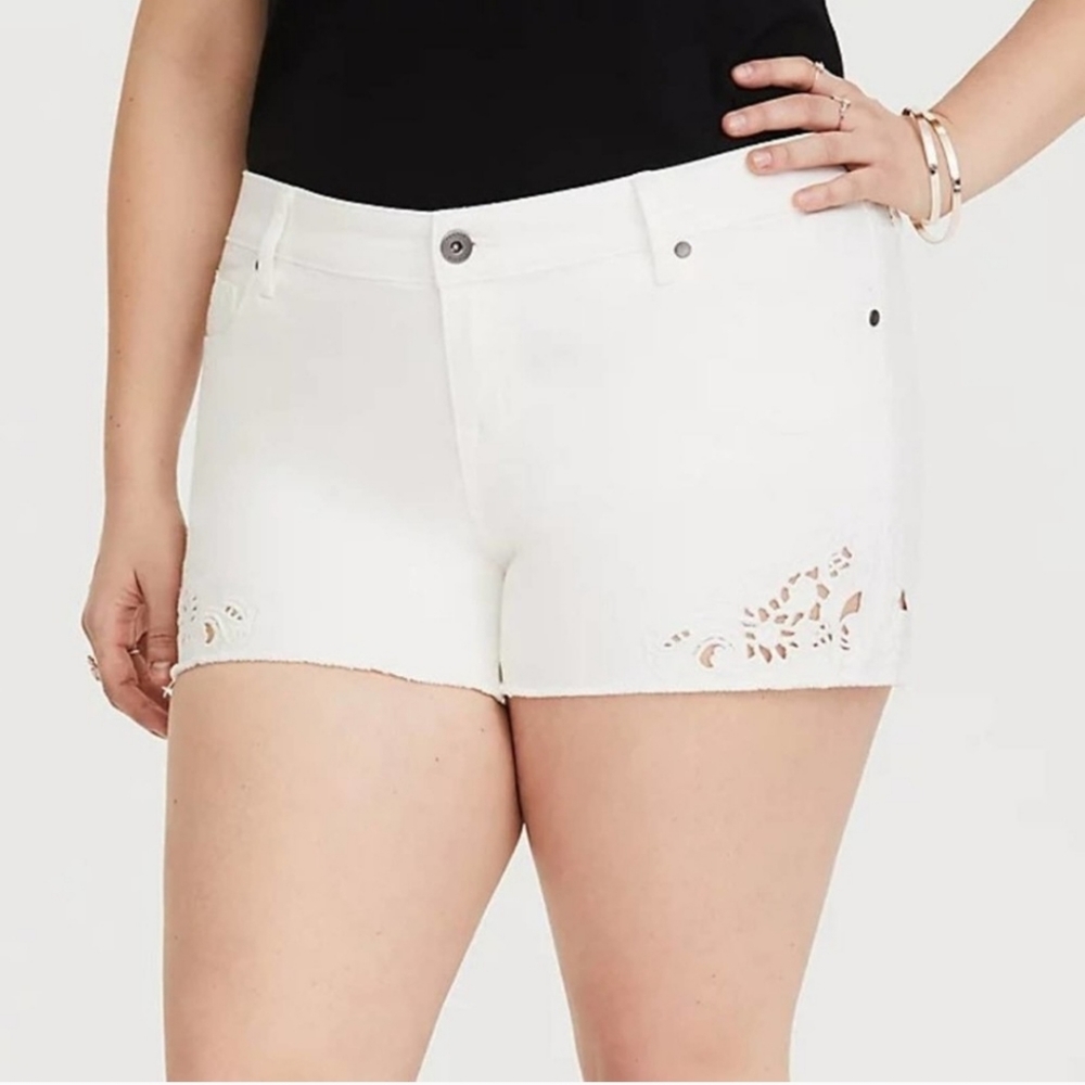 Torrid White Denim Frayed Lace Cutout Shorts